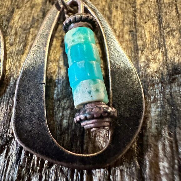 Boho Hippie‎ Western Delicate Copper & Turquoise Drop Wire Earrings, Gift Box - Picture 3 of 6